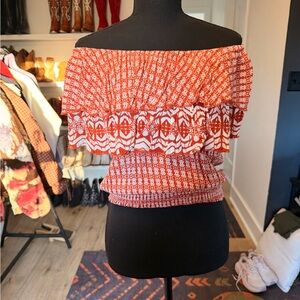 Chic Orange Patterned Off-Shoulder Blouse